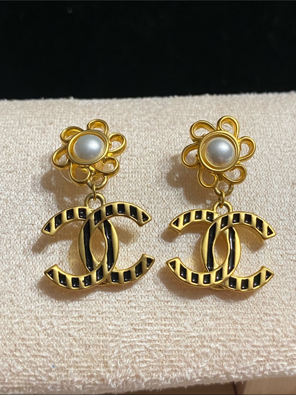 CHANEL Gold Black Enamel CC Drop Earrings with Pearl Flower Studs